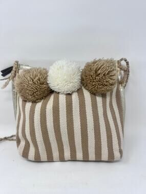 JADEtribe Striped Pom Pom Crossbody Bag Tan Cream Boho Woven Purse